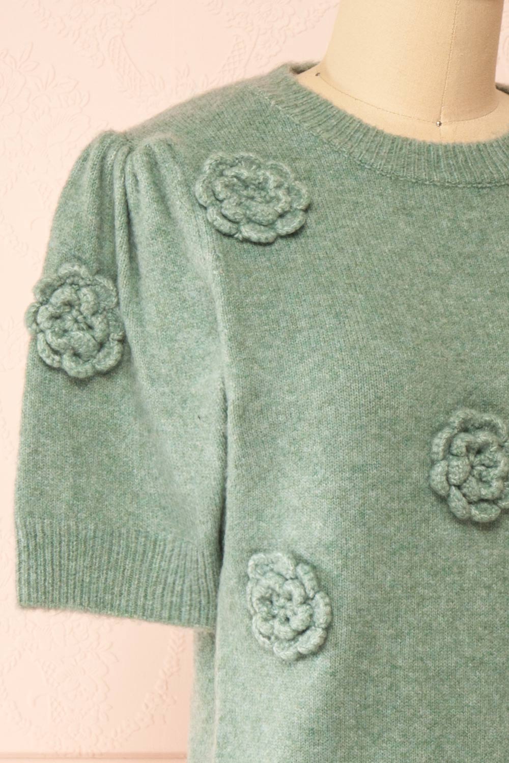 Zuniki Sage Knit Top w/ Crochet Flowers | Boutique 1861 side