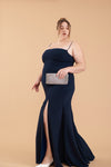 Milena Navy Mermaid Gown with Slit | La Petite Garçonne plus size on model