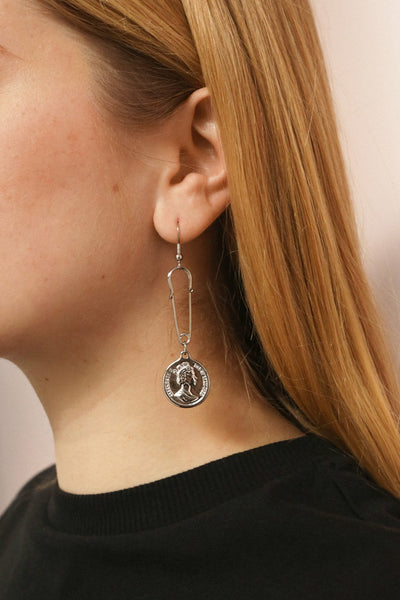 Abaculi Argent Silver Medallion Pendant Earrings | La Petite Garçonne on model