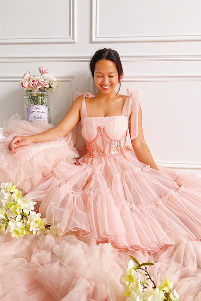 Abigail Tiered Pink Tulle Midi Dress | Boutique 1861 on model