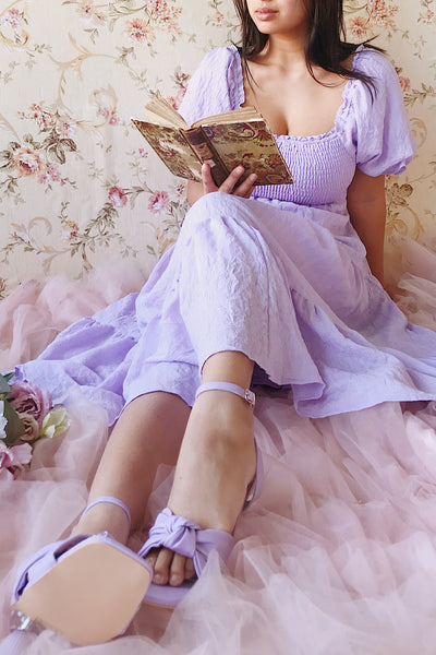Abra Lavender Tiered Midi Dress w/ Puffy Sleeves | Boutique 1861 model book