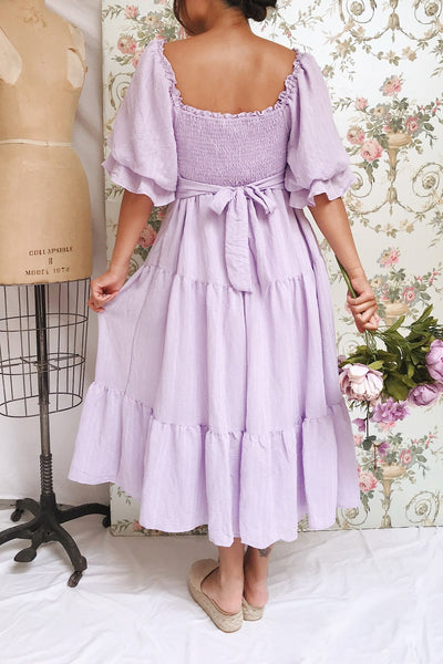 Abra PInk Tiered Midi Dress w/ Puffy Sleeves | Boutique 1861 model shot