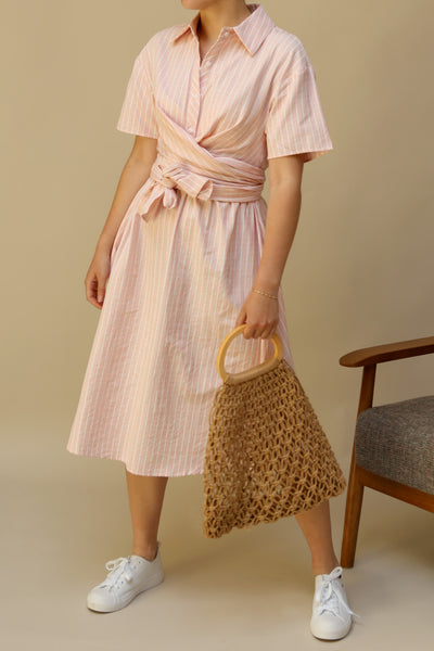 Accrington Pink Striped Button-Up A-Line Summer Dress | Boutique 1861 on model