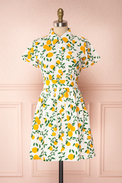 Achillea White Lemon Print Shirt Dress | Boutique 1861 front view