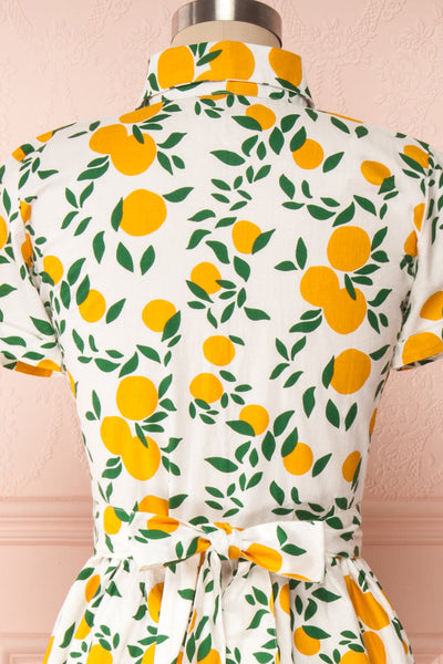 Achillea White Lemon Print Shirt Dress | Boutique 1861back close up