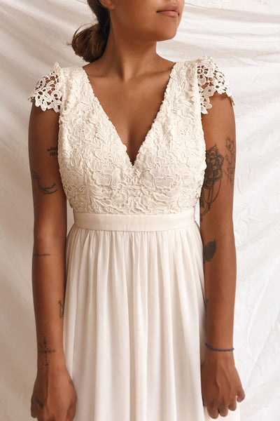 Adalia Cream Lace Bodice Maxi Bridal Gown | Boutique 1861 model close up