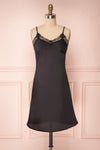 Adella Noir Black Short Satin Dress w/ Lace front view | Boutique 1861
