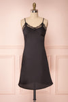 Adella Noir Black Short Satin Dress w/ Lace | Boutique 1861 plus