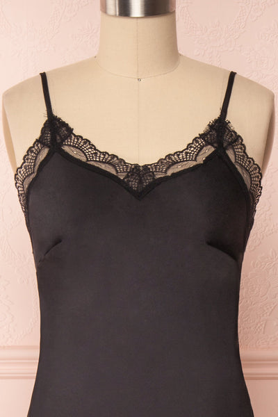 Adella Noir Black Short Satin Dress w/ Lace front close up | Boutique 1861