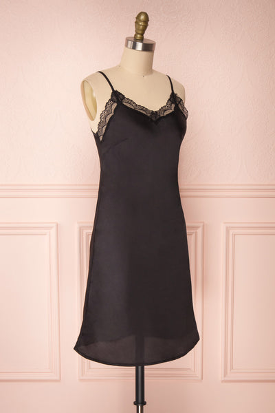 Adella Noir Black Short Satin Dress w/ Lace side view | Boutique 1861