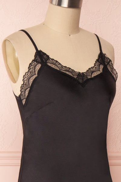Adella Noir Black Short Satin Dress w/ Lace side close up | Boutique 1861