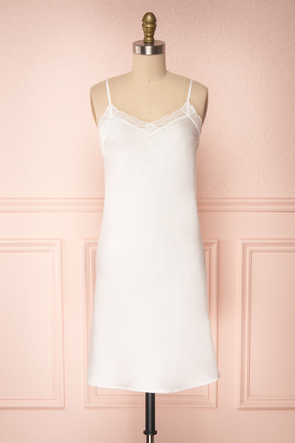 Adella Blanc White Short Satin Dress w/ Lace front view | Boutique 1861