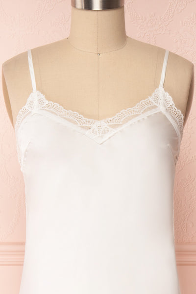 Adella Blanc White Short Satin Dress w/ Lace front close up | Boutique 1861