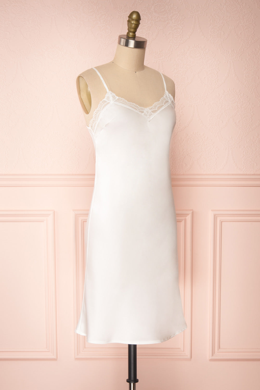 Adella Blanc White Short Satin Dress w/ Lace side view | Boutique 1861
