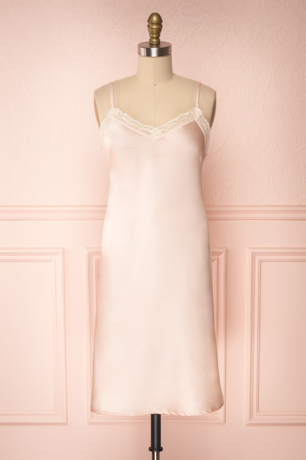Adella Blush Pink Short Satin Dress w/ Lace front view | Boutique 1861