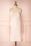 Adella Blush Pink Short Satin Dress w/ Lace front view | Boutique 1861