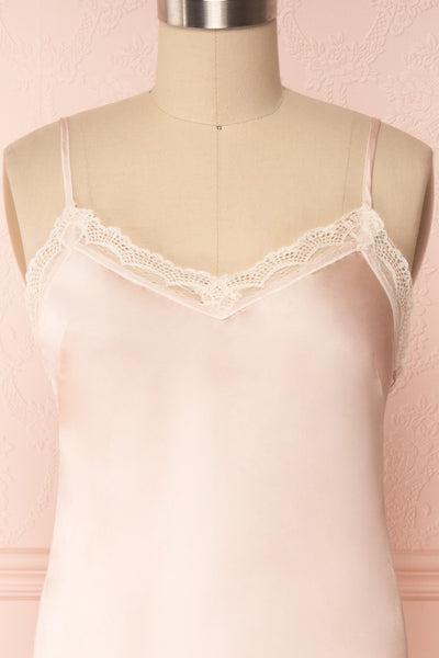 Adella Blush Pink Short Satin Dress w/ Lace front close up | Boutique 1861