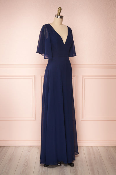 Adelphia Navy Blue Chiffon Maxi Prom Dress | SIDE VIEW | Boutique 1861