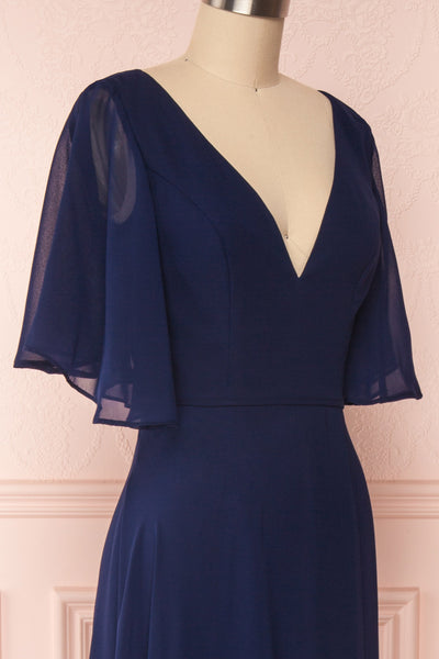 Adelphia Navy Blue Chiffon Maxi Prom Dress | SIDE CLOSE UP | Boutique 1861