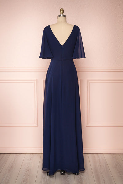 Adelphia Navy Blue Chiffon Maxi Prom Dress  | BACK VIEW | Boutique 1861
