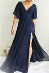Adelphia Navy Blue Chiffon Maxi Prom Dress | Boutique 1861 on model