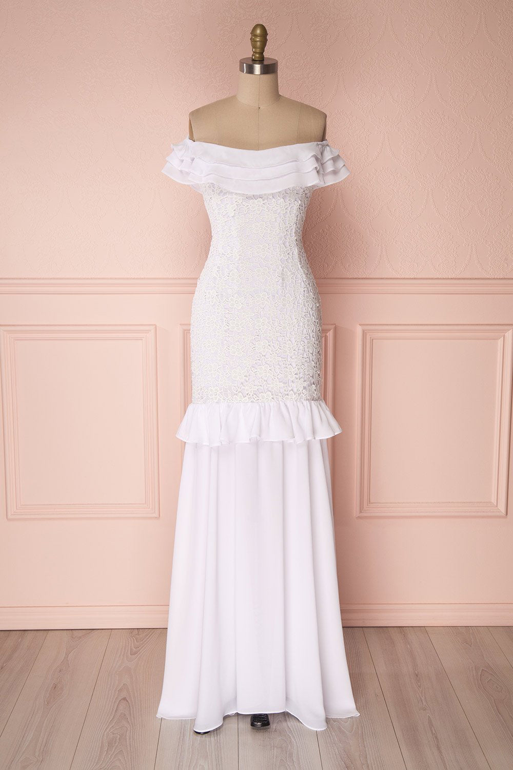 Adeltrude White Ruffled Off-Shoulder Maxi Dress | Boudoir 1861