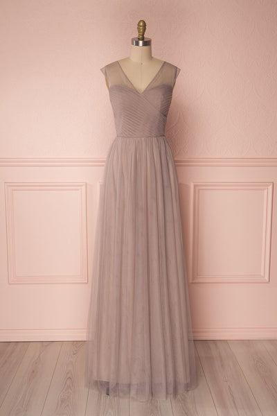 Adifa Sand Taupe Tulle Sleeveless A-Line Gown | Boudoir 1861 front