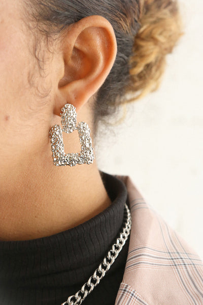 Adoria Or Gold Textured Square Pendant Earrings | La Petite Garçonne on model