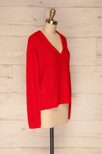 Adrano Cayenne Red V-Neck Knit Sweater | SIDE VIEW  | La Petite Garçonne