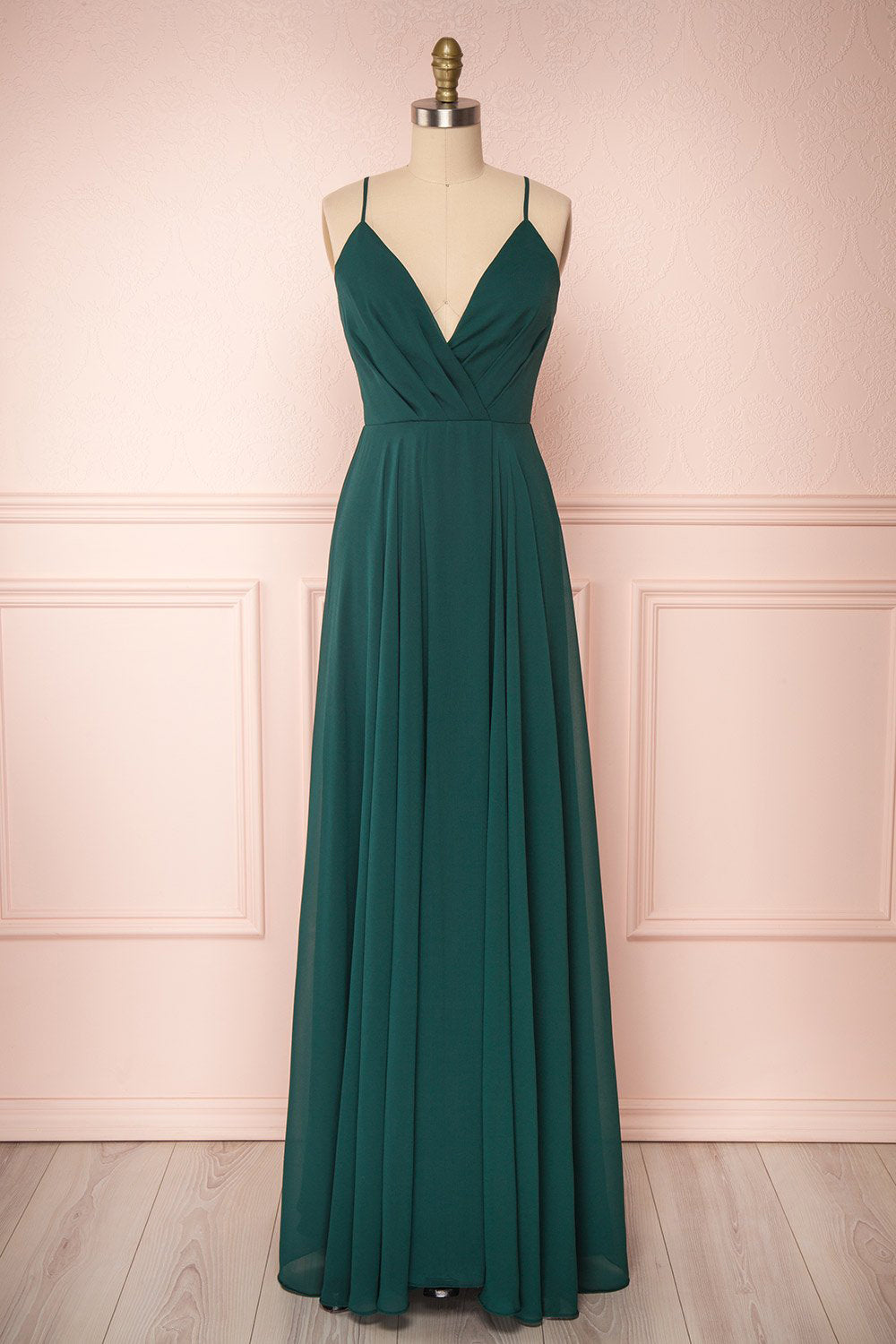 Aelis Green Pleated Plunging V-Neckline Gown | Boudoir 1861 front