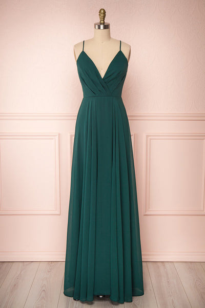 Aelis Green Pleated Plunging V-Neckline Gown | Boudoir 1861 front