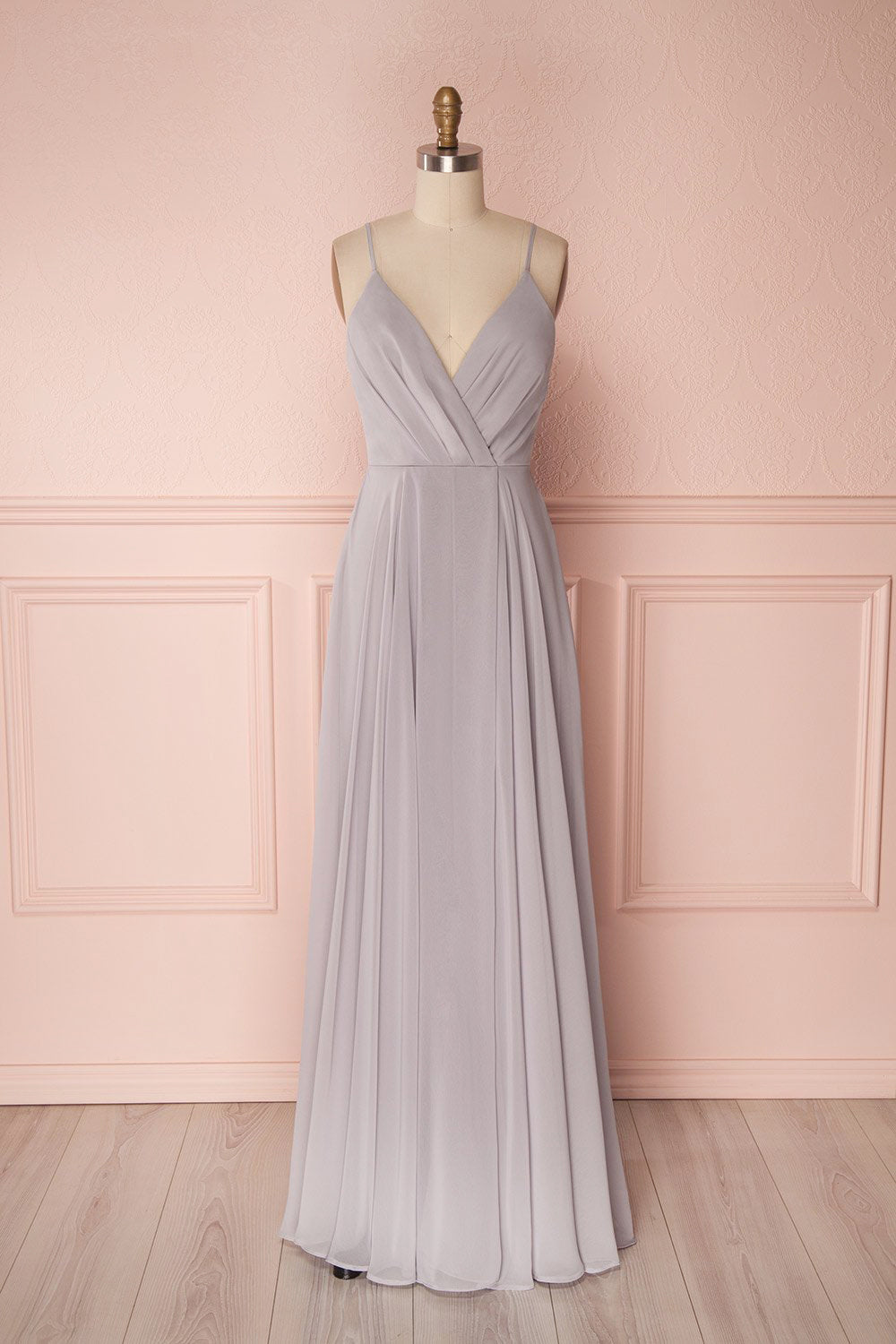 Aelis Grey Pleated Plunging V-Neckline Gown | Boudoir 1861 front
