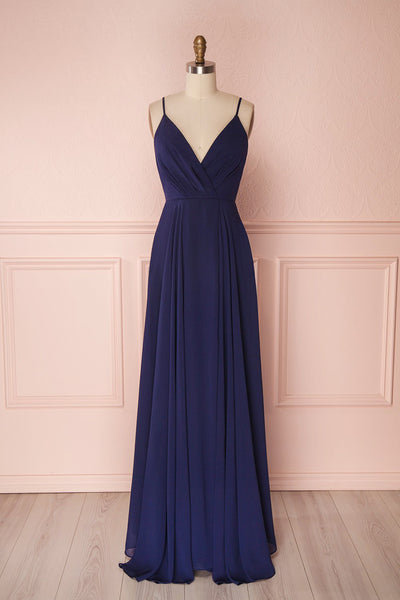 Aelis Navy Pleated Plunging V-Neckline Gown | Boudoir 1861 front