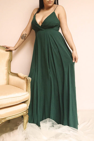 Aelis Green Pleated Plunging V-Neckline Gown | Boudoir 1861 on model