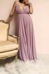 Aelis Mauve Purple Chiffon Plunging V-Neckline Gown | Boudoir 1861 on model