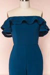 Afeldane Teal Blue Ruffled Off-Shoulder Jumpsuit  | FRONT CLOSE UP | Boutique 1861