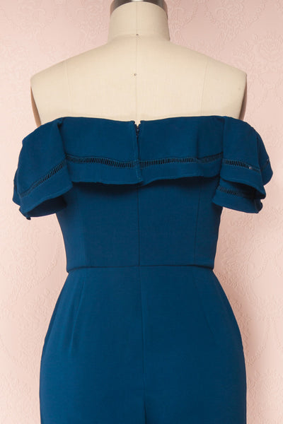 Afeldane Teal Blue Ruffled Off-Shoulder Jumpsuit  | BACK CLOSE UP | Boutique 1861