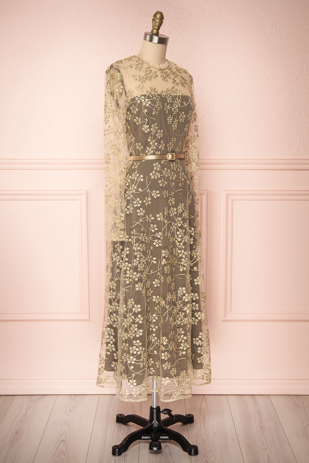 Agnetha Golden Floral Mesh Midi A-Line Dress