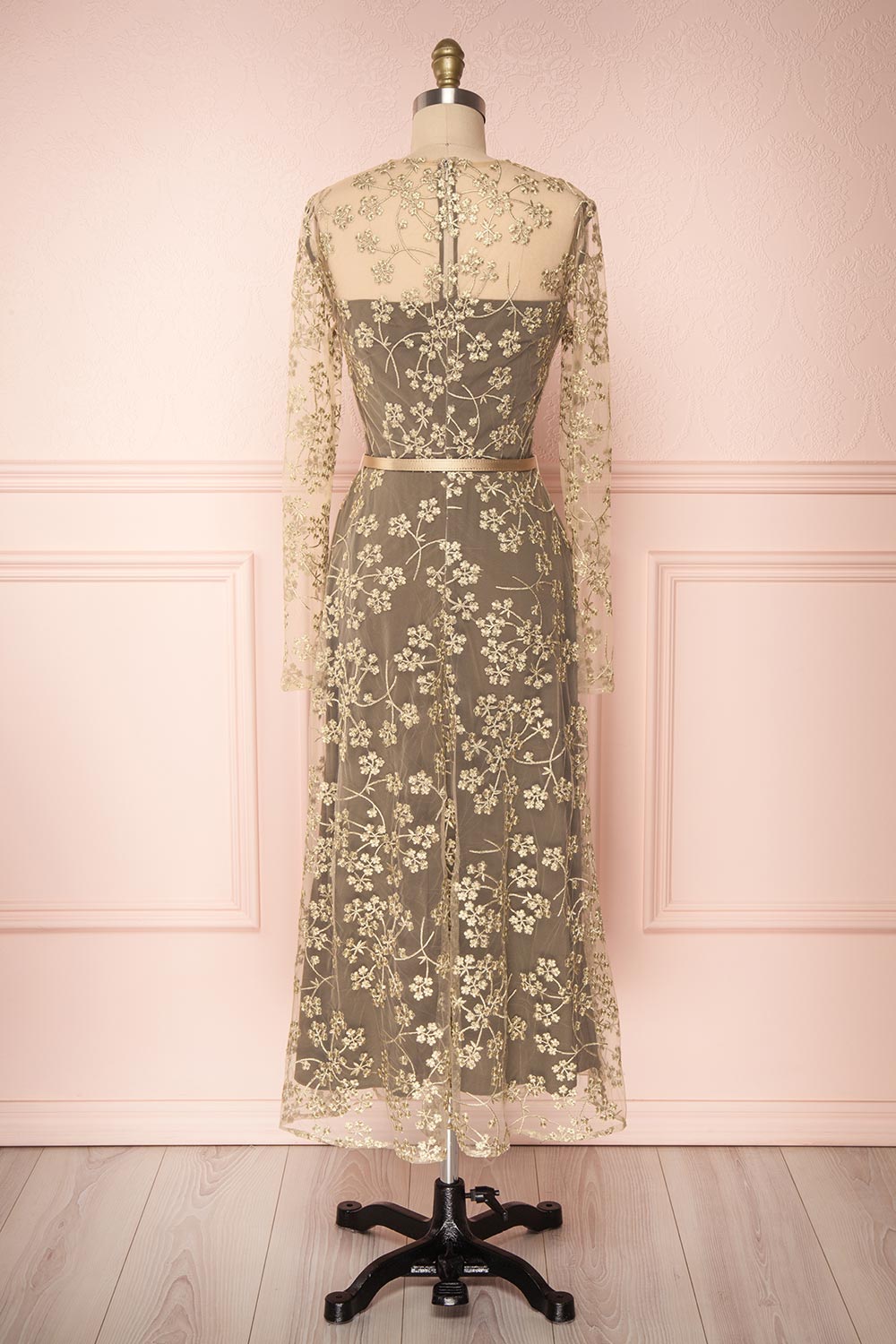 Agnetha Golden Floral Mesh Midi A-Line Dress | Boutique 1861 5