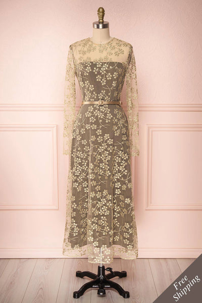 Agnetha Golden Floral Mesh Midi A-Line Dress | Boutique 1861 1