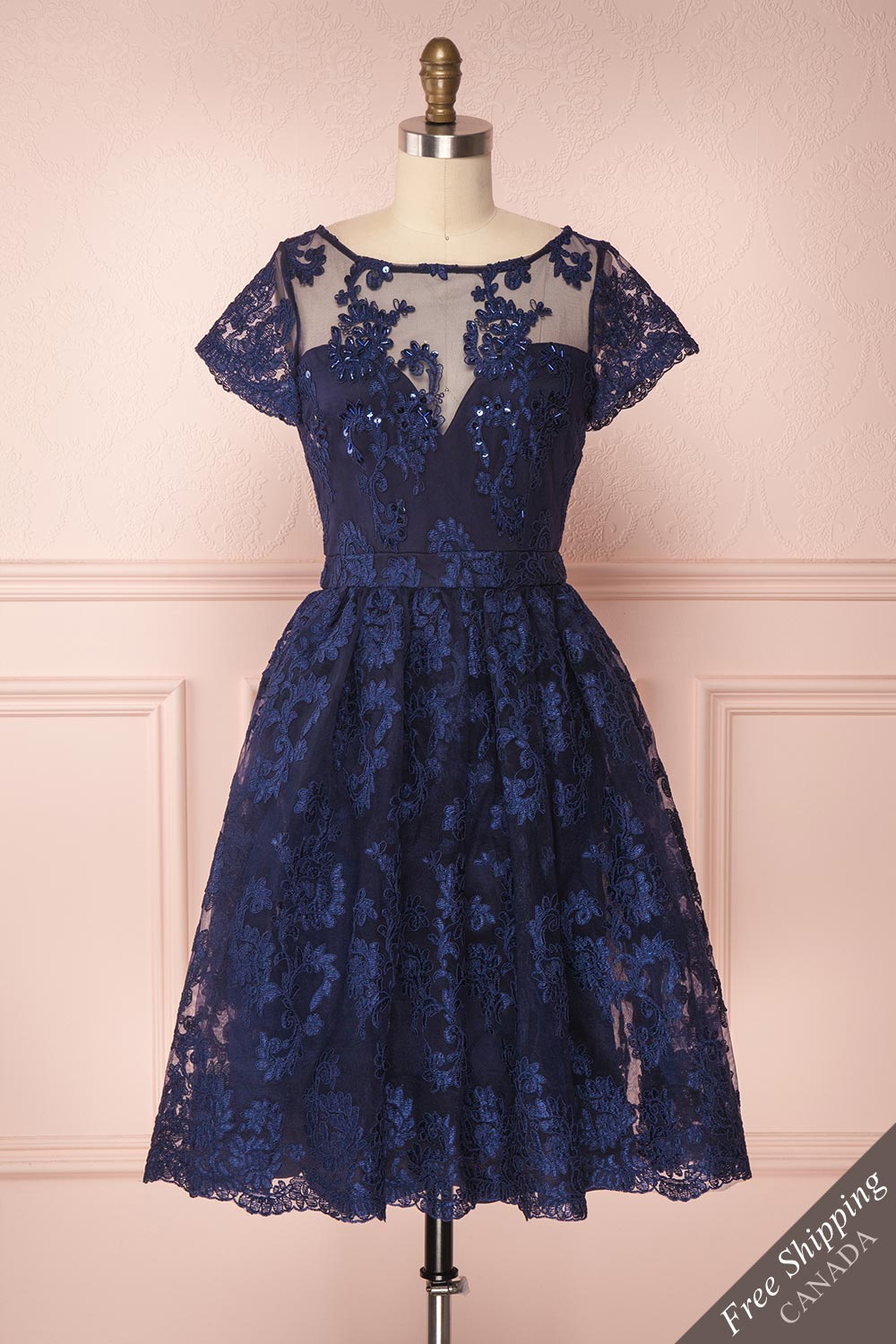 Agun Bleu Navy Blue Floral Embroidered A-Line Dress | Boutique 1861