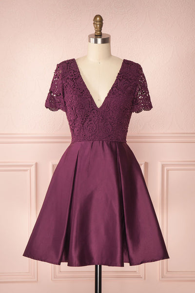 Aiji Mauve Plum Crocheted Lace Silky A-Line Dress | Boutique 1861 plus