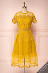 Ailite Soleil Yellow Lace & Mesh A-Line Midi Dress | Boutique 1861