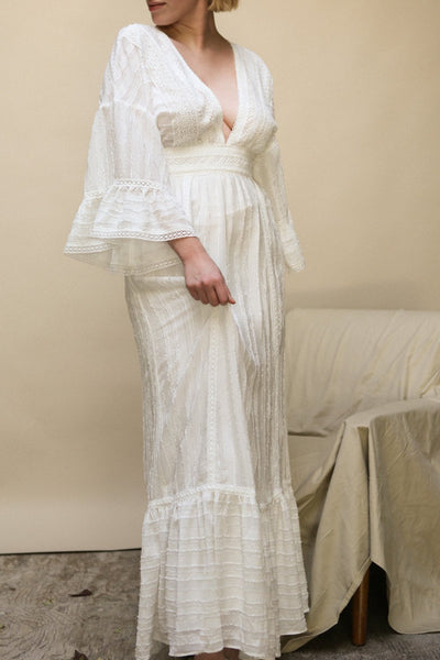 Aimiliona White Embroidered Maxi Bridal Dress | Boudoir 1861 on model