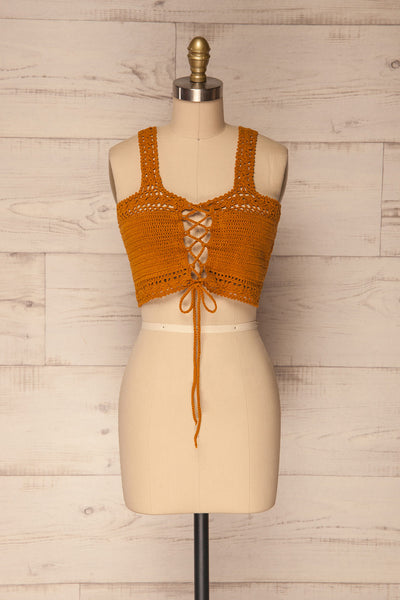 Aiyinion Burnt Orange Crocheted Lace Crop Top | La Petite Garçonne 1