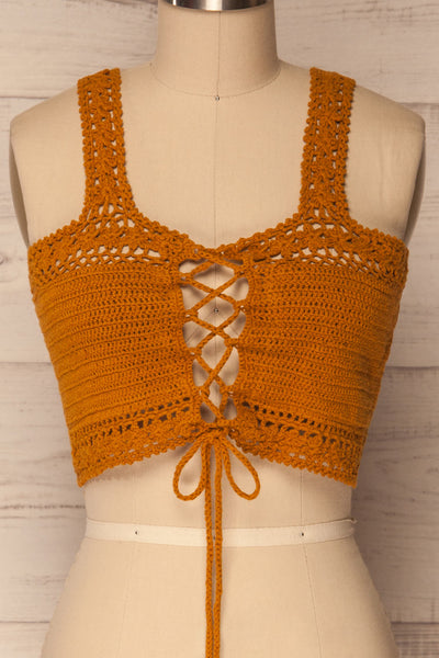 Aiyinion Burnt Orange Crocheted Lace Crop Top | La Petite Garçonne 3