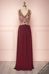Akar Bourgogne Red Chiffon Gown with Gold Appliqués | Boutique 1861