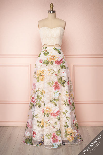 Akeneki Cream Floral Bustier Top & Maxi Skirt Set | Boutique 1861