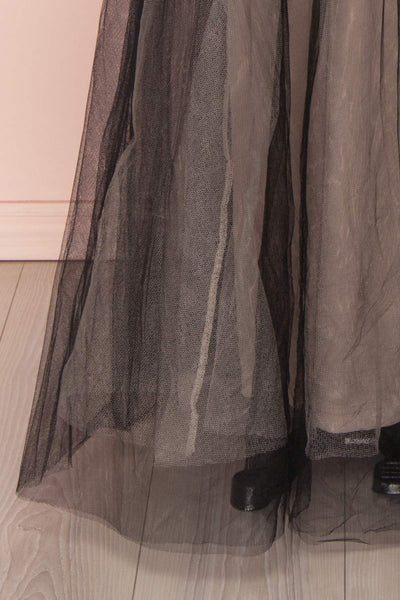 Akilia Secret Black Tulle A-Line Maxi Prom Dress bottom close-up | Boutique 1861 7