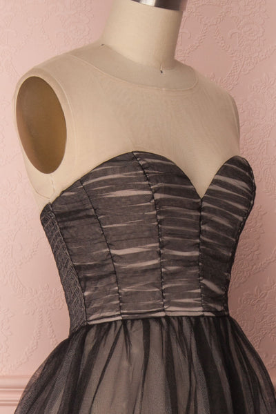 Akilia Secret Black Tulle A-Line Maxi Prom Dress side close-up | Boutique 1861 4